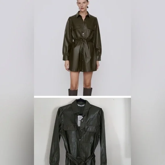 Zara khaki Lucia bloggers must have dress leather size M long sleeve